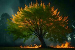 a tree with flames and smoke in the background. AI-Generated photo