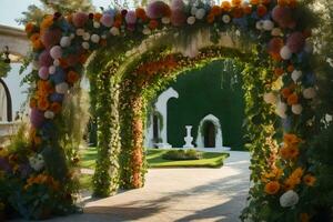 a wedding arch decorated with flowers and greenery. AI-Generated photo