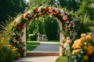 a flower archway in a garden. AI-Generated photo