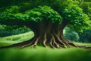 un grande árbol con raíces en el medio de un campo. generado por ai foto