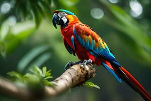 a colorful parrot sits on a branch. AI-Generated photo