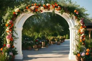 an archway decorated with flowers and plants. AI-Generated photo