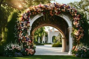 un hermosa arco con flores y verdor. generado por ai foto