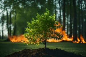 un pequeño árbol es creciente en el medio de un campo. generado por ai foto