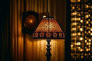 un lámpara es iluminado en un habitación con un cortina. generado por ai foto