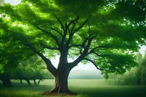 a tree in a field with green leaves. AI-Generated photo