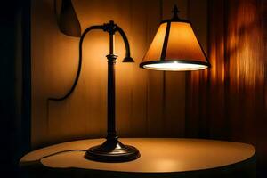 a lamp is on a table in a dark room. AI-Generated photo