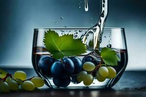 un vaso de agua con uvas y hojas. generado por ai foto