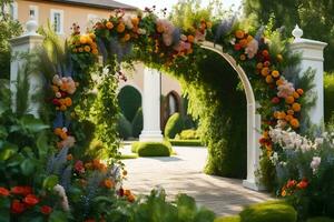 an archway with flowers and greenery in the garden. AI-Generated photo