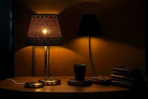a lamp on a table with books and a lamp. AI-Generated photo