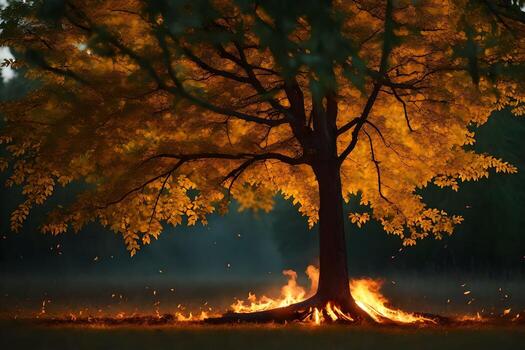 a tree with flames around it in the middle of a field. AI-Generated photo