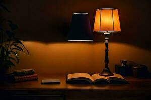 a lamp is on a table next to a book. AI-Generated photo
