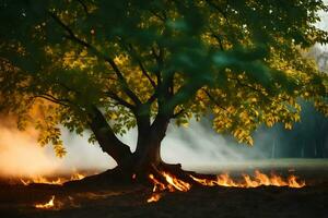 un árbol con llamas y fumar viniendo desde él. generado por ai foto