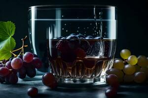 un vaso de agua con uvas y uvas. generado por ai foto