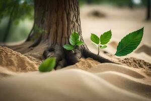 a tree with green leaves growing out of the sand. AI-Generated photo