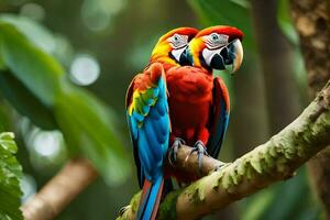 two colorful parrots sitting on a branch. AI-Generated photo