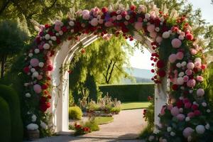 un Boda arco decorado con flores generado por ai foto