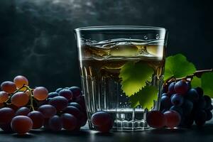 un vaso de agua con uvas y hojas. generado por ai foto