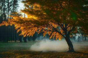 a tree in the middle of a field with smoke coming out of it. AI-Generated photo