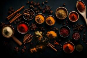 various spices and herbs in bowls on a black background. AI-Generated photo