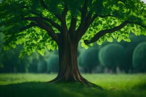 un árbol es mostrado en el medio de un campo. generado por ai foto