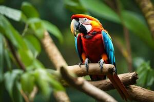 a colorful parrot sits on a branch in the forest. AI-Generated photo