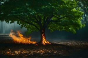 a tree with flames coming out of it in the middle of a forest. AI-Generated photo