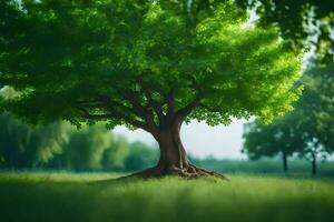 un árbol en un verde campo con arboles en el antecedentes. generado por ai foto