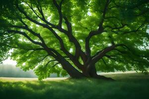 un grande árbol en el medio de un campo. generado por ai foto