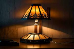 un lámpara con un manchado vaso sombra en un mesa. generado por ai foto
