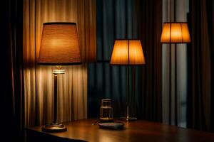 two lamps sit on a table next to a lamp. AI-Generated photo