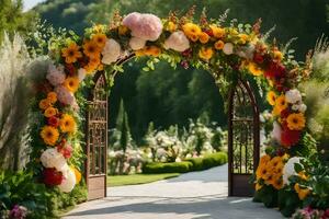 an archway with flowers and greenery. AI-Generated photo