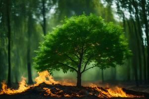 a tree is standing in the middle of a forest with flames. AI-Generated photo