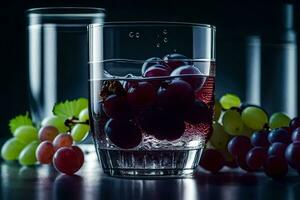 a glass of water with grapes and grapes. AI-Generated photo