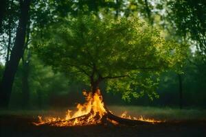 a tree with flames in the middle of a forest. AI-Generated photo