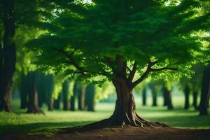 a tree is standing in the middle of a green field. AI-Generated photo