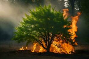 a tree is burning in the middle of a field. AI-Generated photo