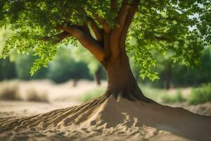 a tree in the desert with sand and trees. AI-Generated photo