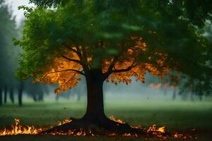 a tree with flames around it in the middle of a field. AI-Generated photo