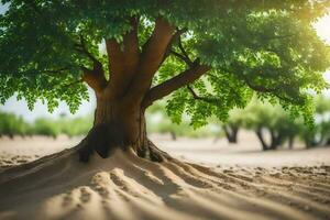 a tree in the desert with sand and trees. AI-Generated photo