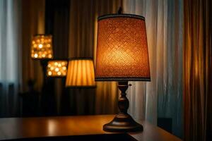 a lamp on a table in front of a window. AI-Generated photo