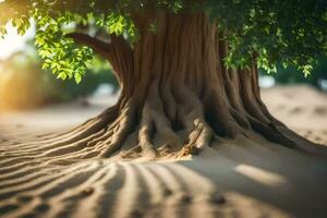 a tree with roots in the sand. AI-Generated photo