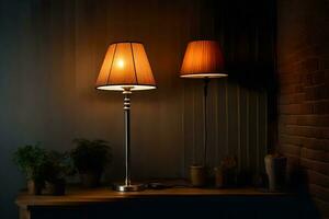 two lamps on a table in front of a brick wall. AI-Generated photo
