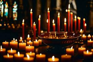 candles are lit in a church with candles. AI-Generated photo