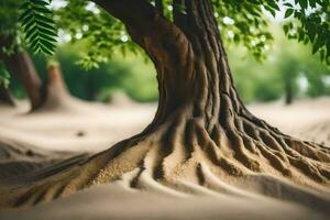 a tree with roots in the sand. AI-Generated photo