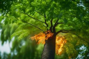 a tree with a bright green leaf on top. AI-Generated photo