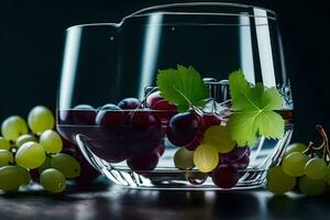 un vaso con uvas y hojas. generado por ai foto