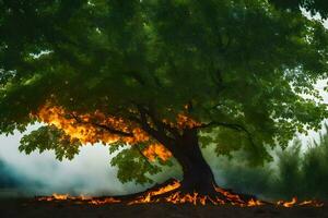 a tree with flames coming out of it. AI-Generated photo