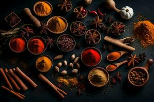 various spices and herbs are arranged in bowls. AI-Generated photo