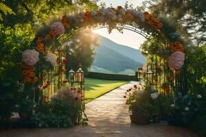 a wedding arch with flowers and greenery. AI-Generated photo